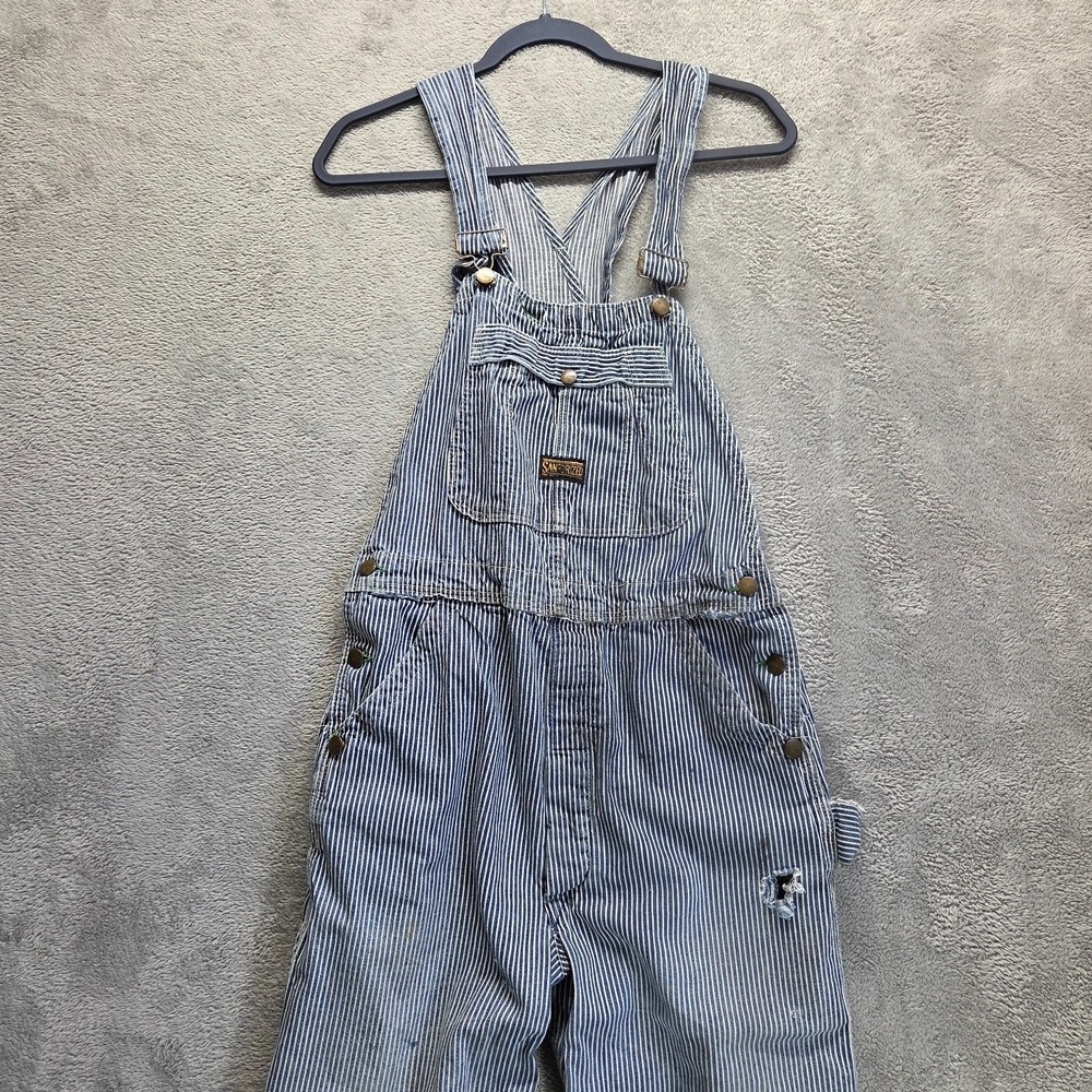Vintage Sanforized Overalls Mens 32X24 Blue Carpenter Straight Hickory Striped